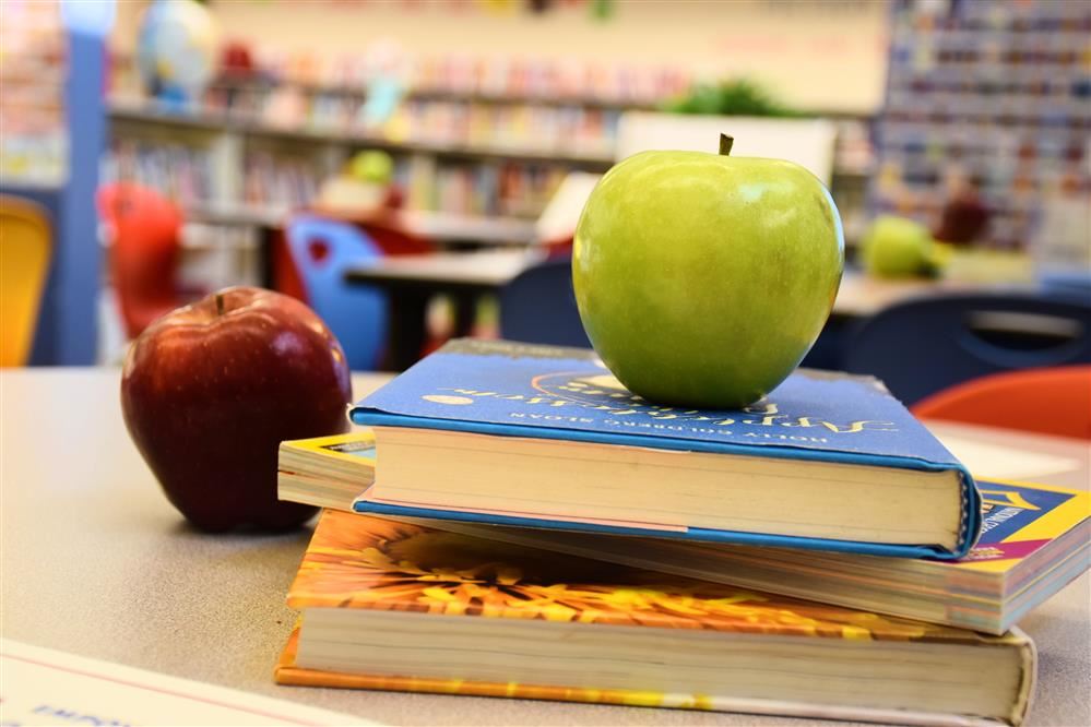 Image of two apples on stack of library books